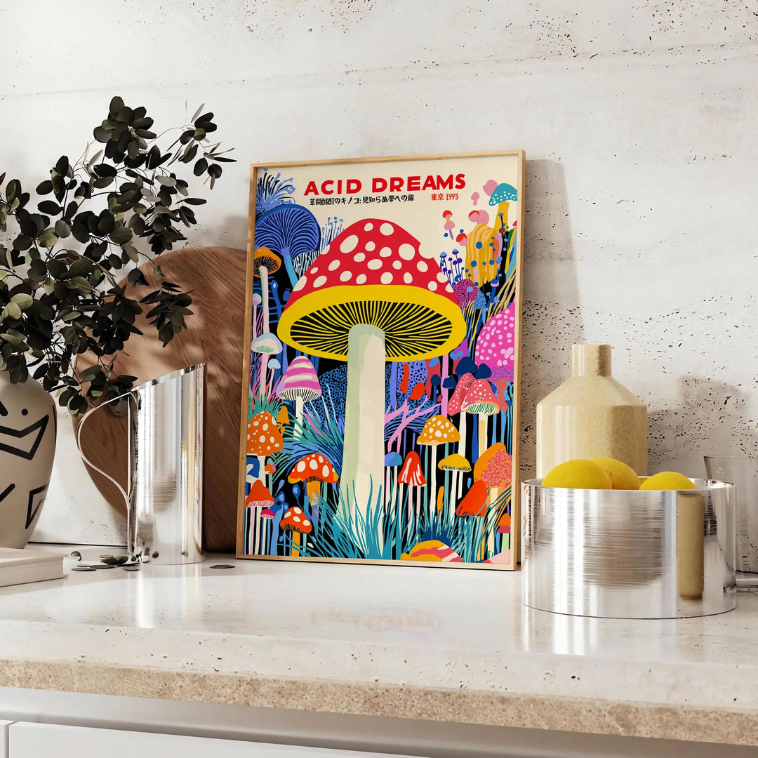 Colorful polka-dotted mushrooms in red and blue by Yayoi Kusama