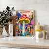Colorful polka-dotted mushrooms in red and blue by Yayoi Kusama