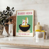 Illustration of a Maneki Neko in a Japanese kitchen, featuring blue and black tones