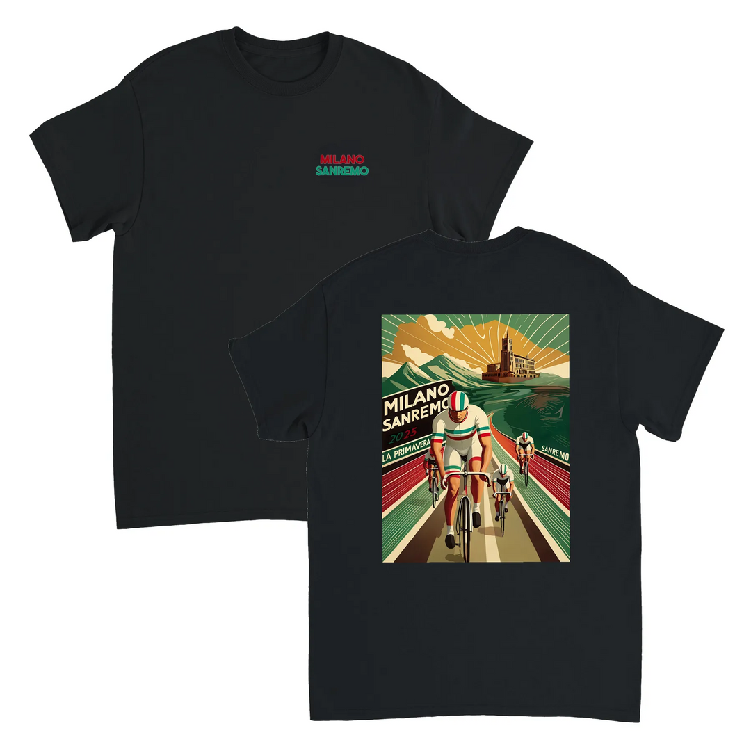 T-shirt featuring a graphic of the Milano–Sanremo cycling race