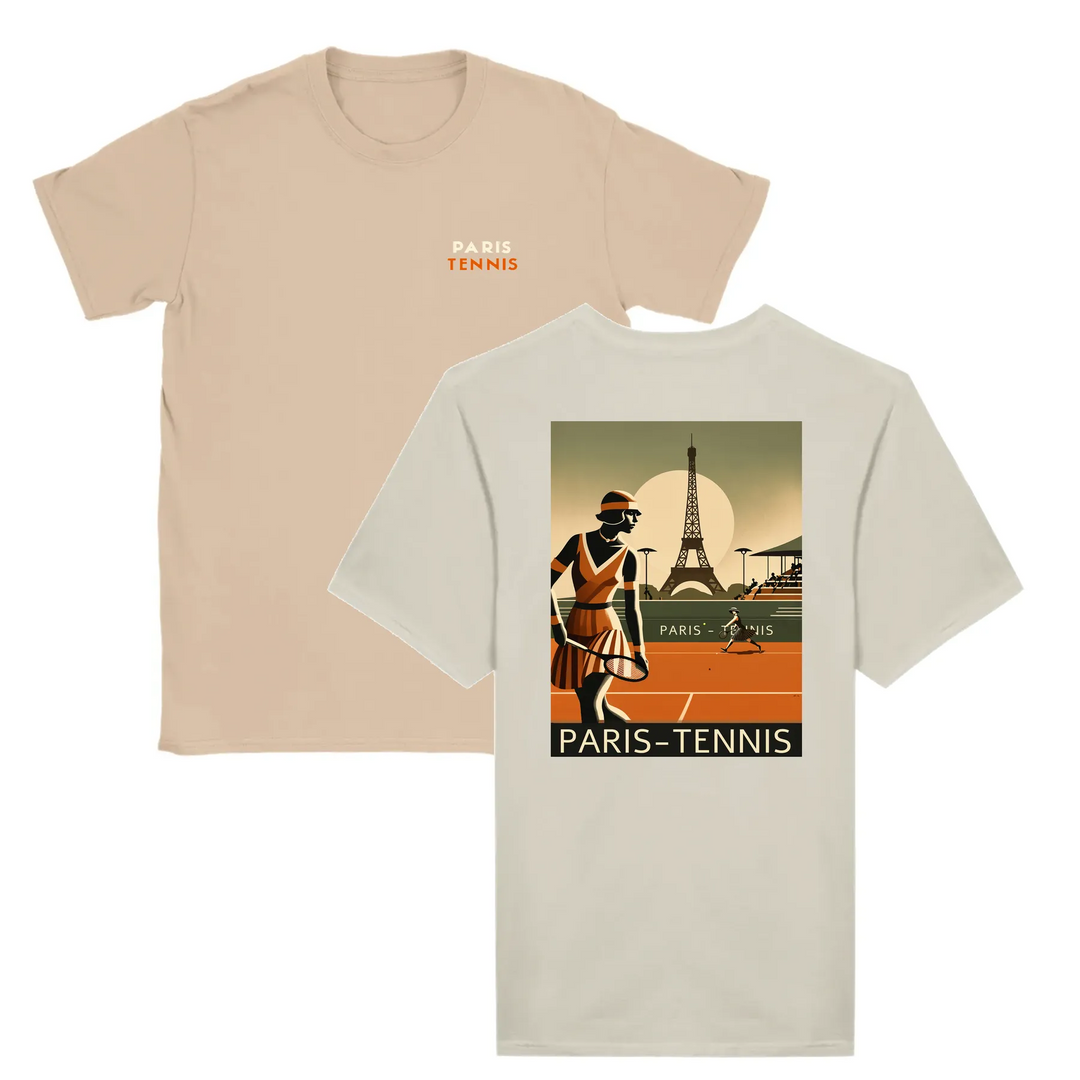 T-shirt featuring a graphic print of tennis elements and the Eiffel Tower