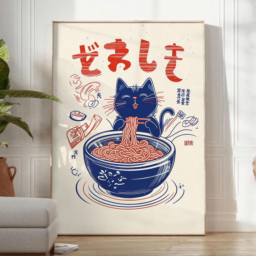 Blue and red Maneki Neko kitchen illustration poster, playful Japanese charm