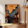 Montmartre poster with stylized illustration of Paris in green and orange