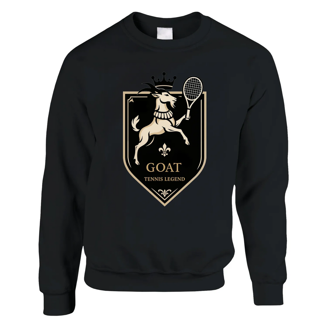 Unisex sweater with a graphic print of a tennis player and the text 'Legend Goat'