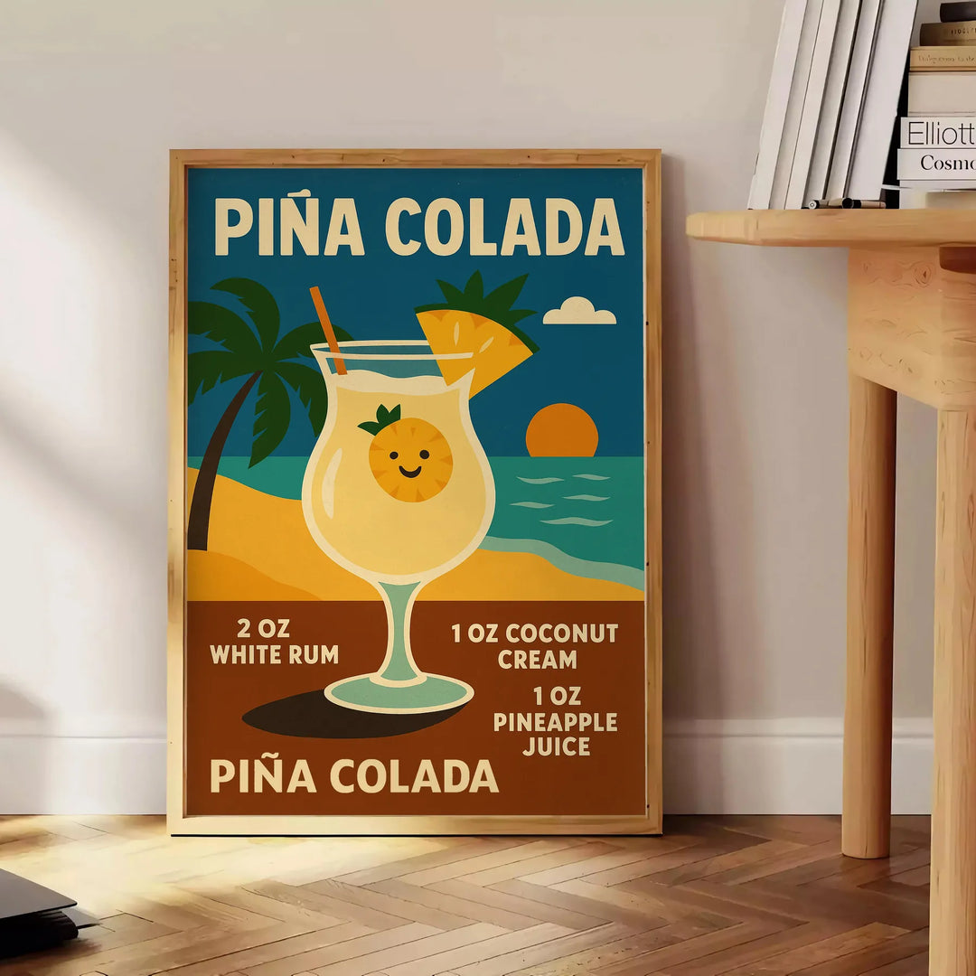 Retro illustration of a Pina Colada cocktail with orange and yellow hues