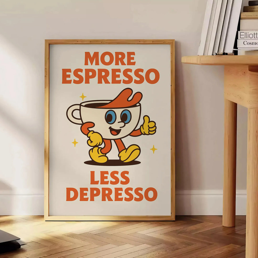 Kitchen poster featuring 'More Espresso Less Depresso' typography with a stylized eye in green-gray tones