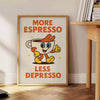 Kitchen poster featuring 'More Espresso Less Depresso' typography with a stylized eye in green-gray tones