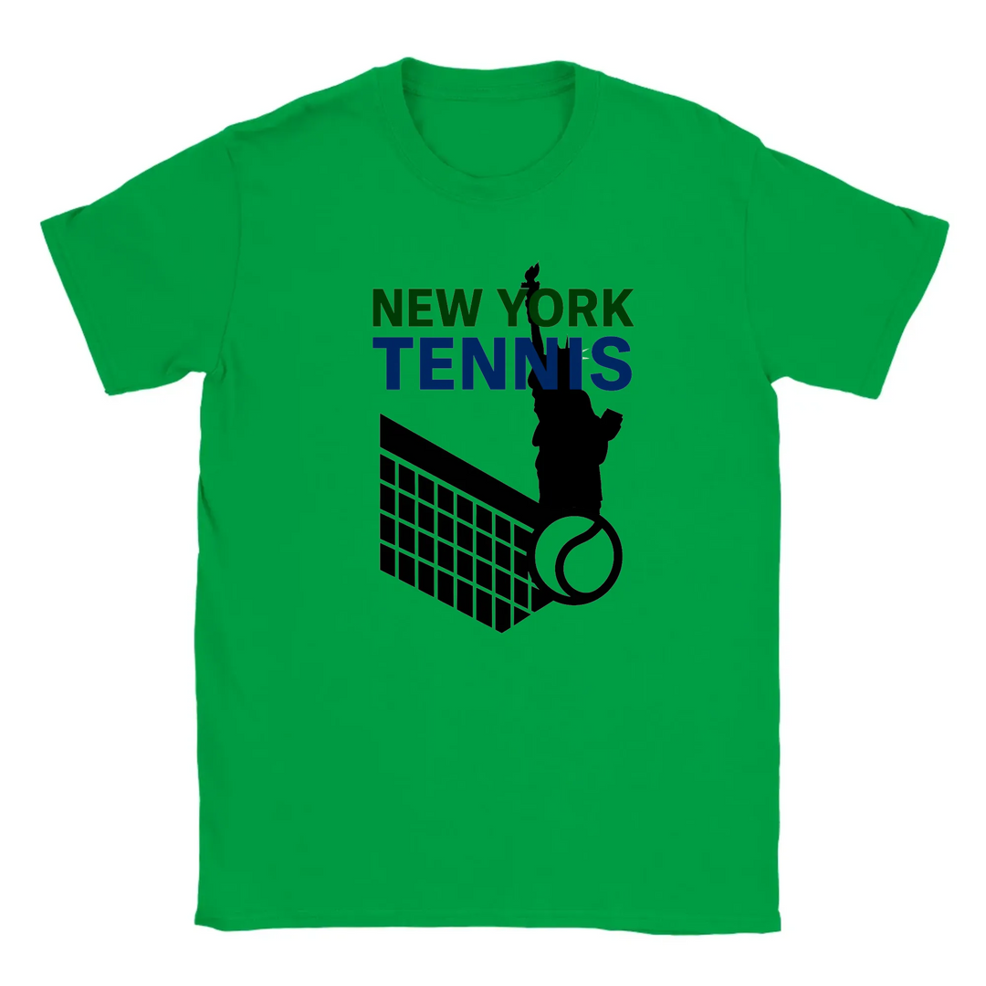 T-shirt featuring a graphic of tennis rackets and a ball with New York text