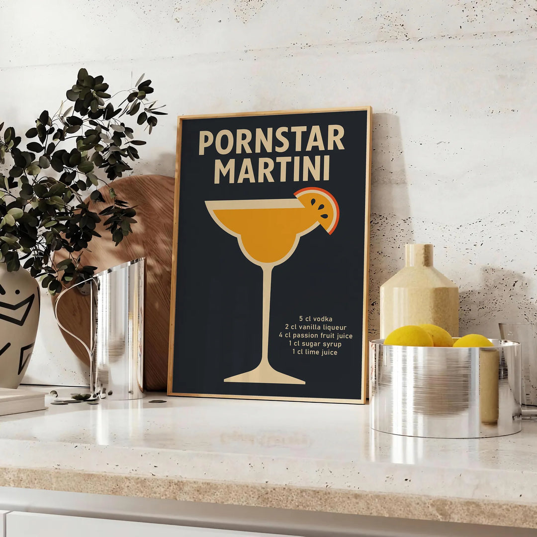 Black and gray modern poster of a Pornstar Martini cocktail illustration