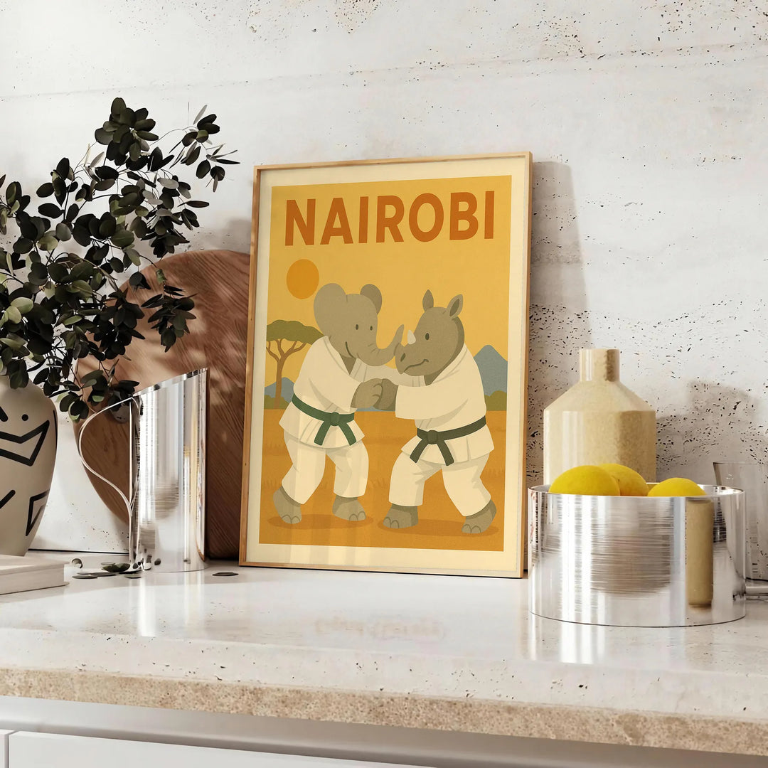 Playful elephant and rhinoceros practicing judo in Nairobi, featuring gray and green tones