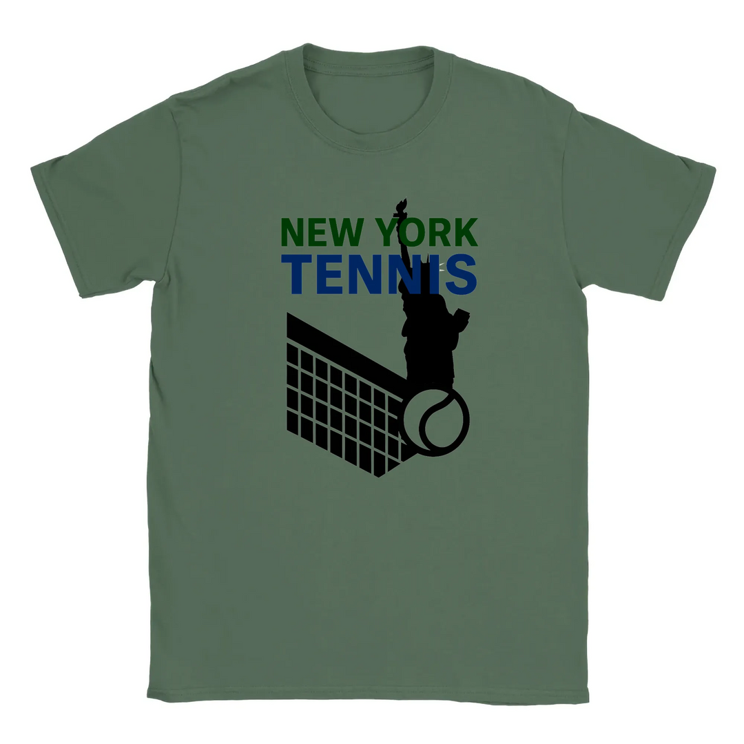 T-shirt featuring a graphic of tennis rackets and a ball with New York text
