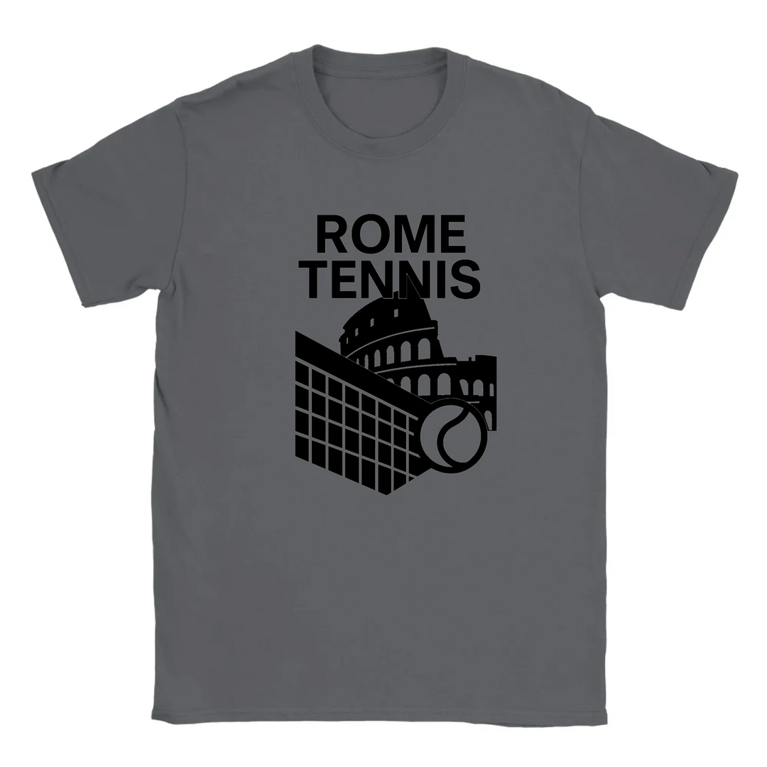 T-shirt featuring a graphic design of tennis elements with Rome landmarks
