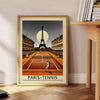 Minimalist depiction of a night tennis match in Paris, featuring black and green tones
