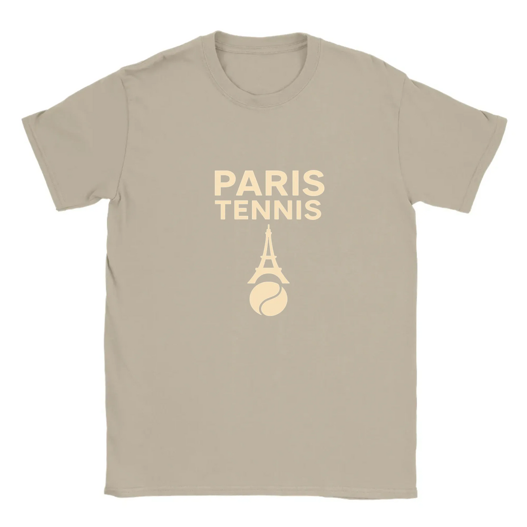 T-shirt featuring a minimalist design of the Eiffel Tower and a tennis racket