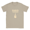 T-shirt featuring a minimalist design of the Eiffel Tower and a tennis racket