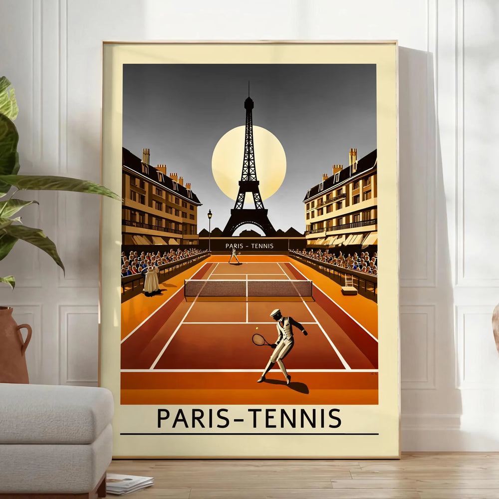 Minimalist depiction of a night tennis match in Paris, featuring black and green tones
