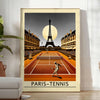 Minimalist depiction of a night tennis match in Paris, featuring black and green tones