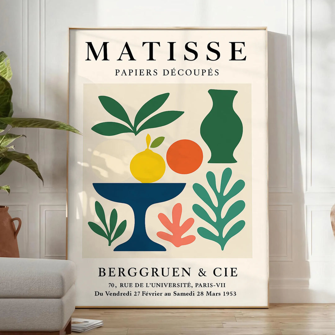 Plakat mit Matisse Scherenschnitt-Kunst in Weiß und Orange