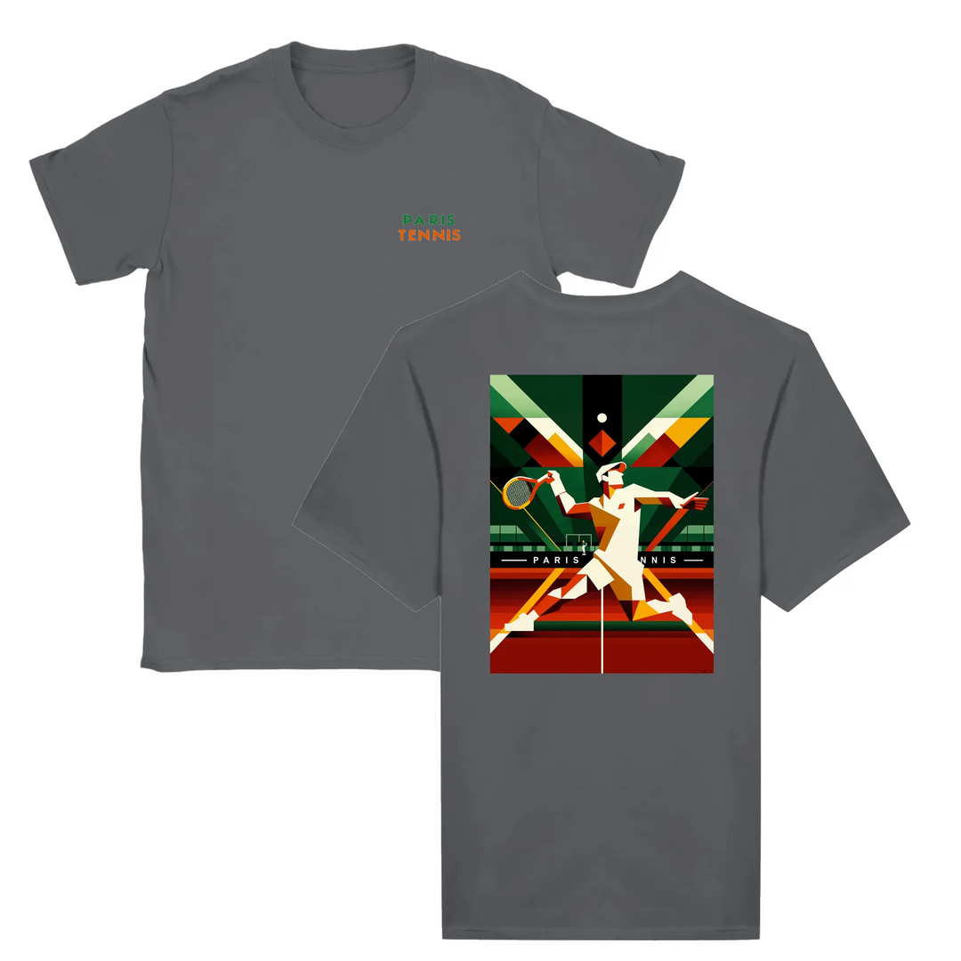T-shirt featuring a graphic of tennis rackets and a ball with Paris skyline