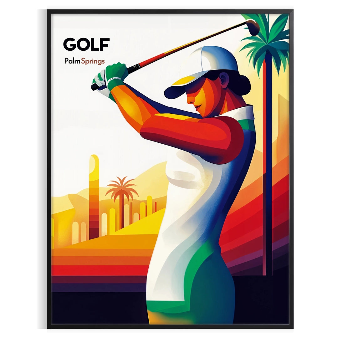 Vintage illustration of Palm Springs, California with a black palm silhouette against an orange sunset