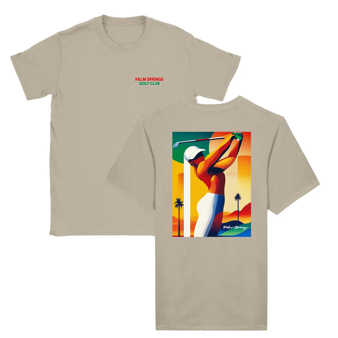 T-shirt featuring a graphic of a golf scene in Palm Springs