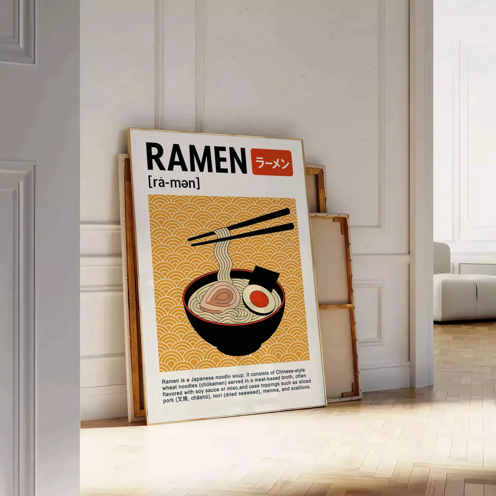 Stylized ramen bowl with a kitchen background in black and red