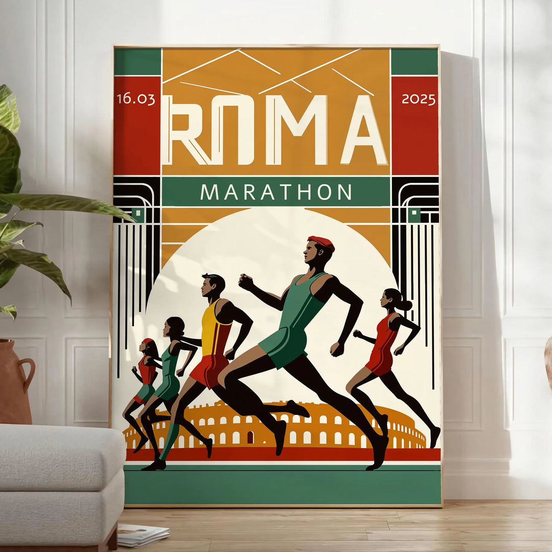 Poster featuring bold graphic Rome marathon design in white and red.