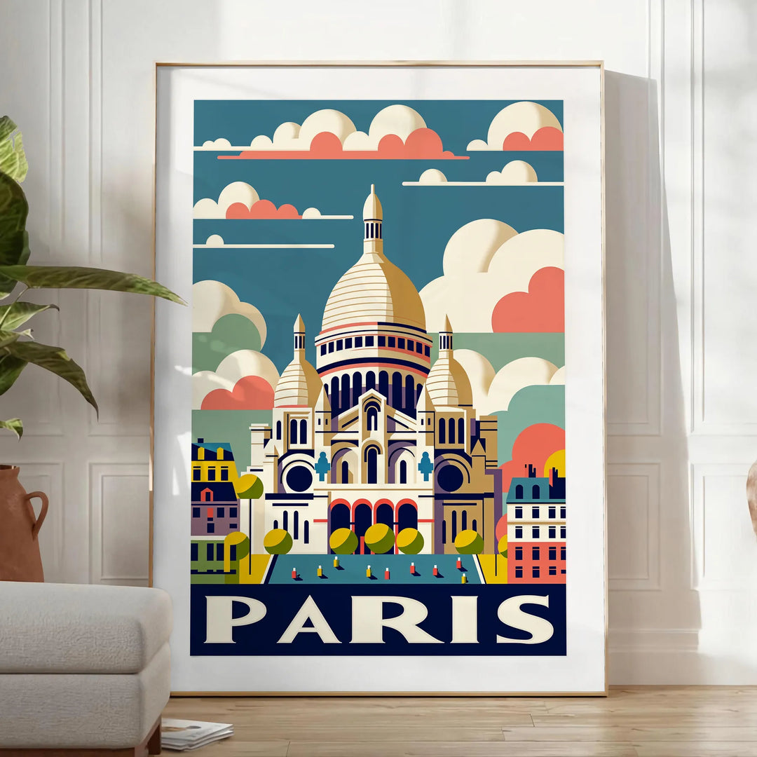 Vintage illustration of Sacré-Cœur in Paris, featuring orange and white tones