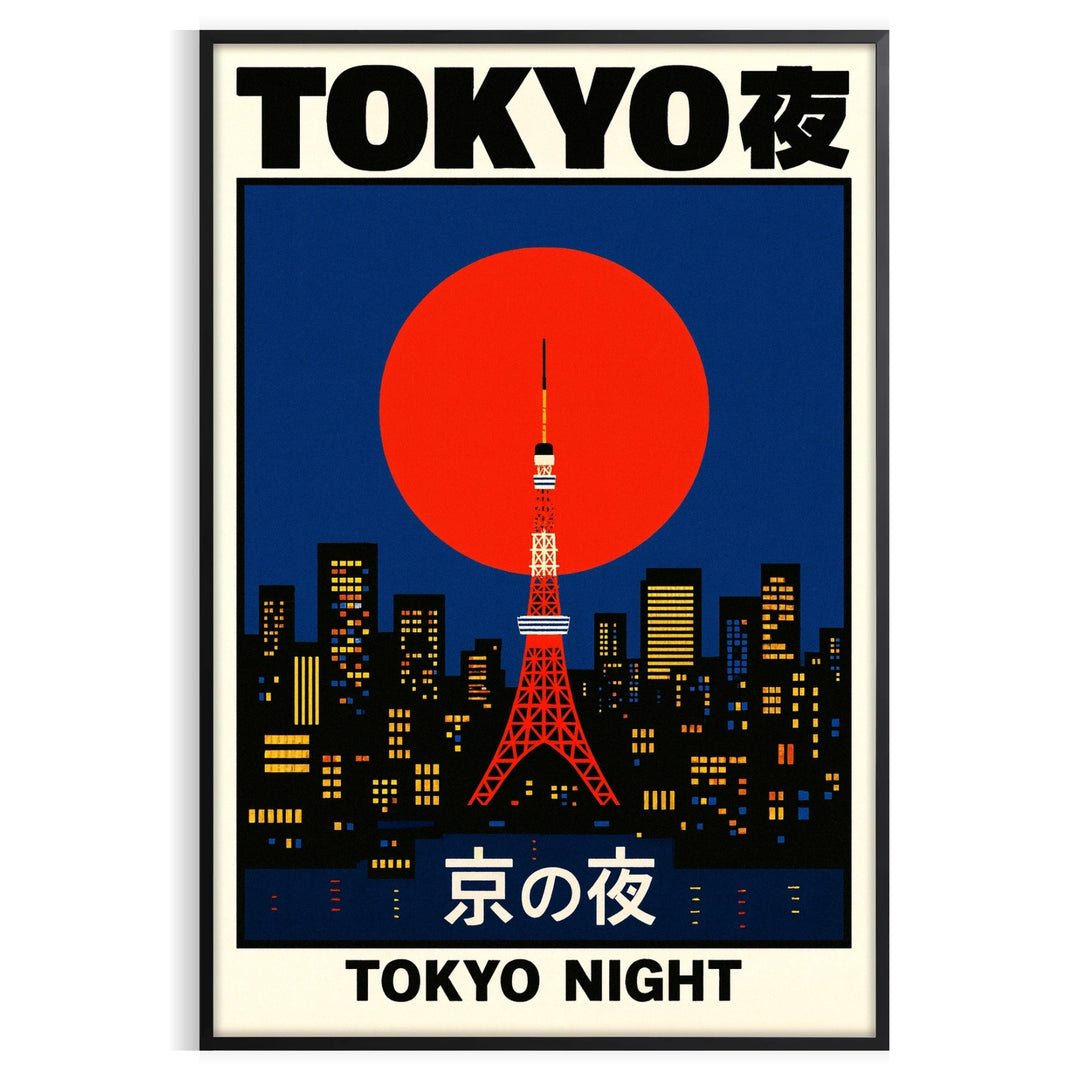 Minimalist depiction of Tokyo skyline at night with neon accents