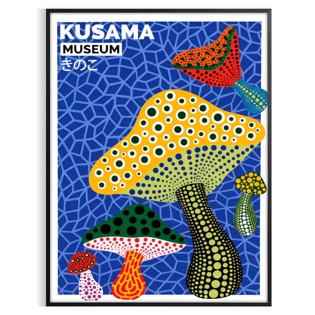 Green and yellow mushroom artwork in Yayoi Kusama style poster