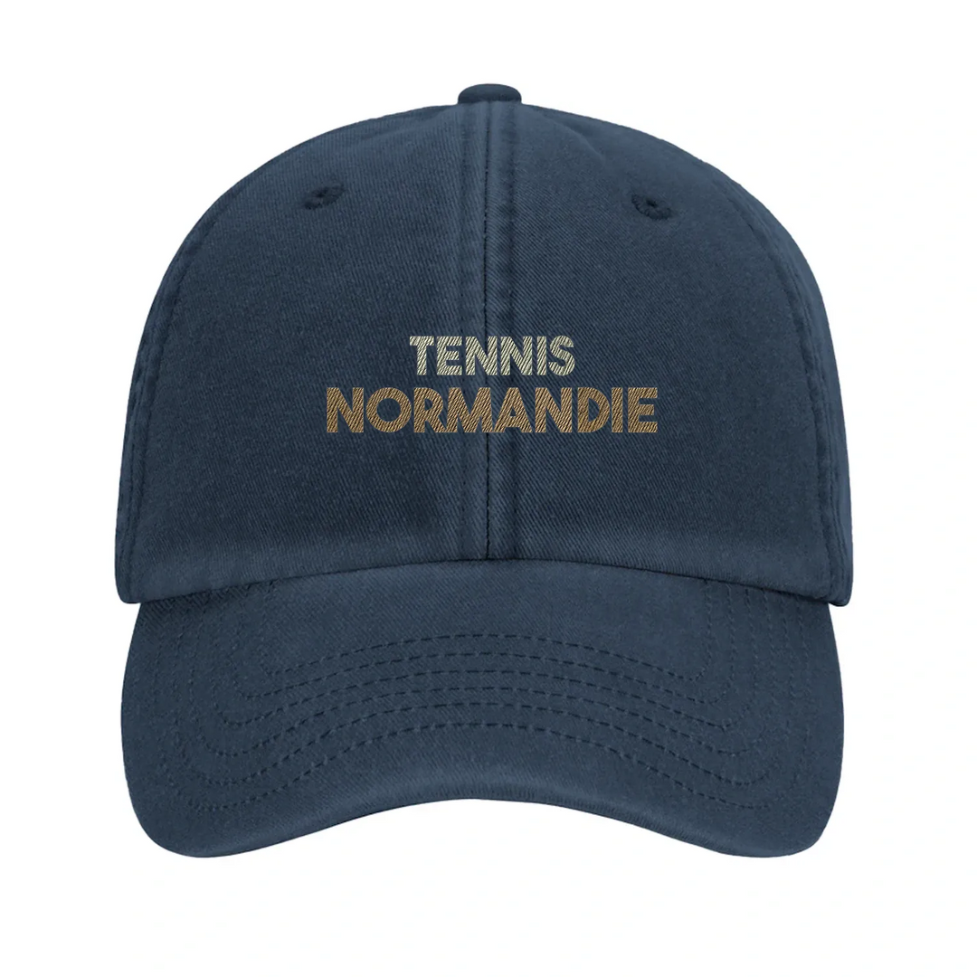 Embroidered cap featuring a vintage tennis design with Normandie text