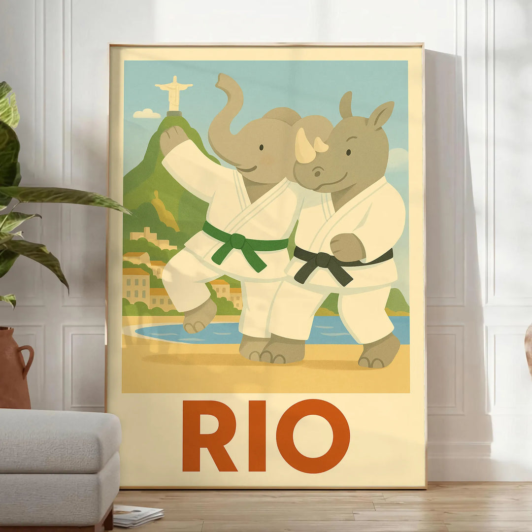 Playful elephant and rhino judo scene in Rio de Janeiro, featuring gray and green tones
