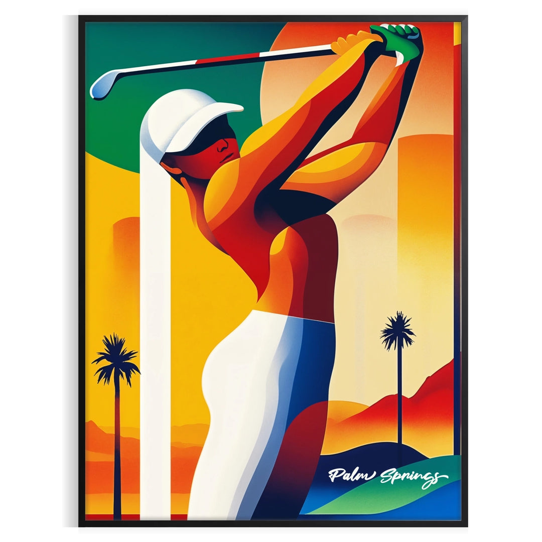 Vintage art deco illustration of golfers in Palm Springs, California