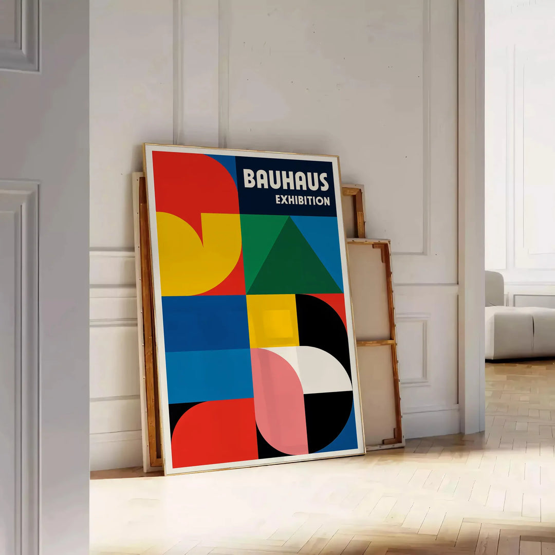 Bauhaus poster featuring blue and red geometric shapes in minimalist style