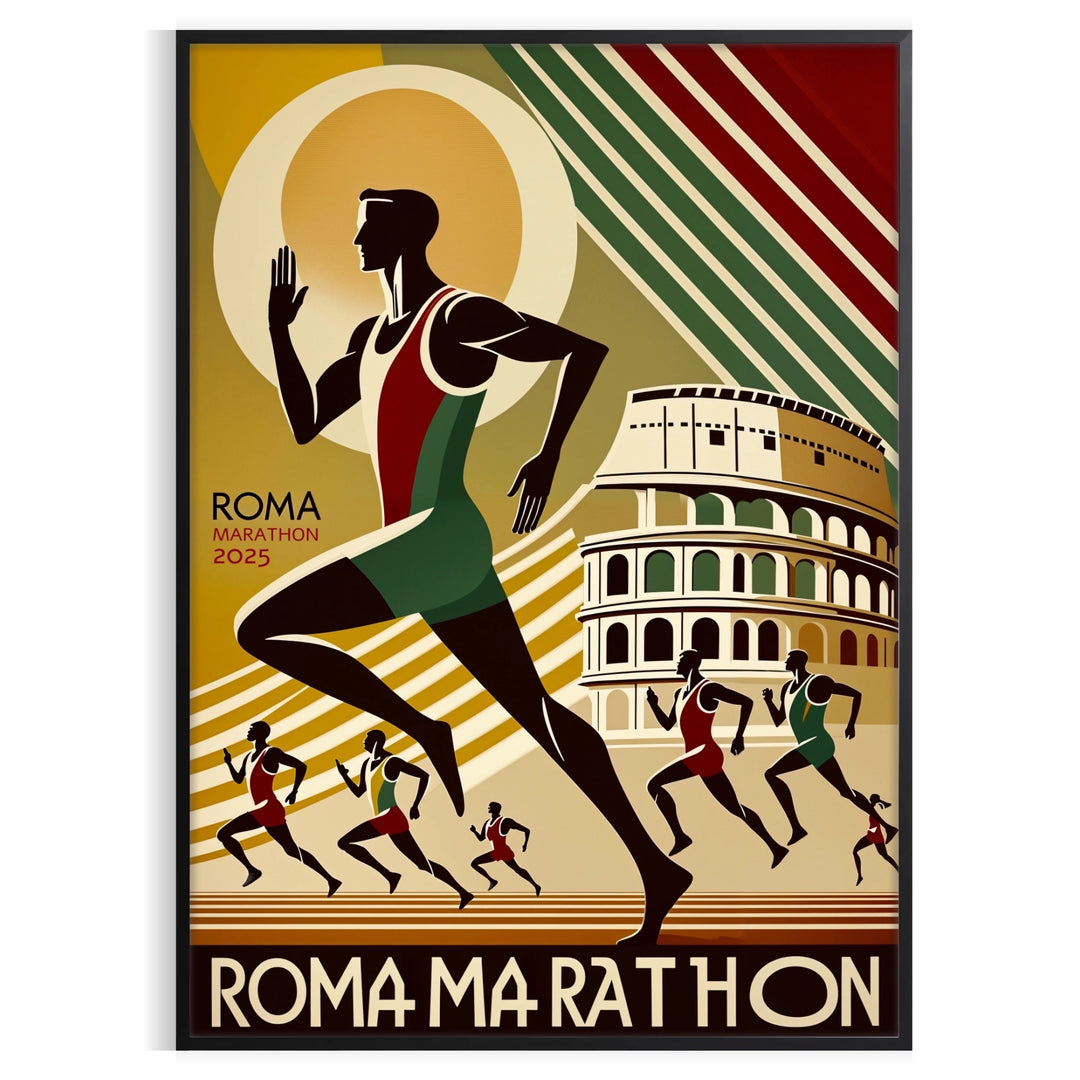 Stylized illustration of runners in the Rome Marathon with cityscape background