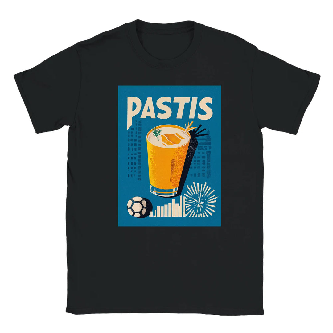 T-shirt featuring a graphic of a Pastis cocktail and Marseille skyline