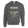 Crewneck sweater featuring 'Mission 2ème Semaine Tennis' text in bold font