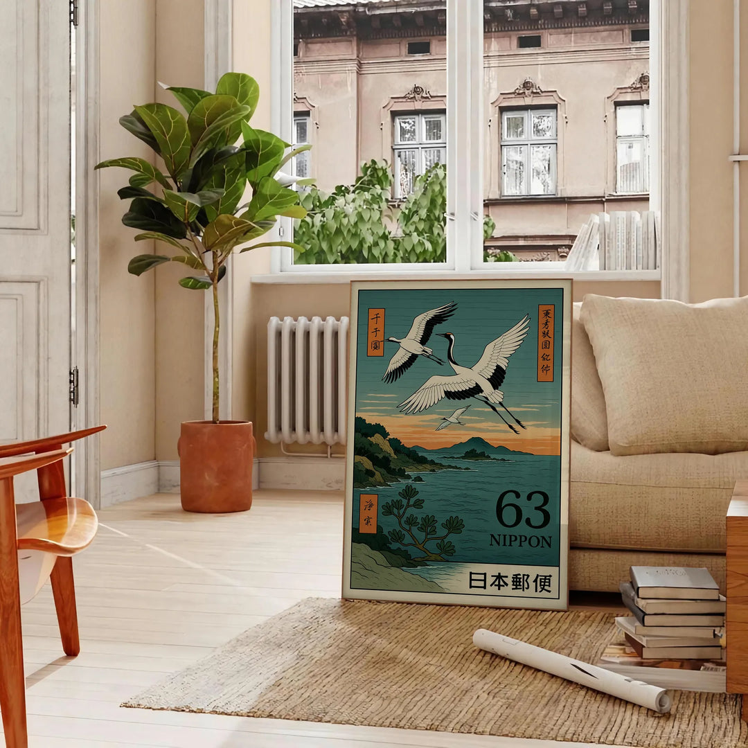 Blue and green Japanese stamp style cranes at dusk poster