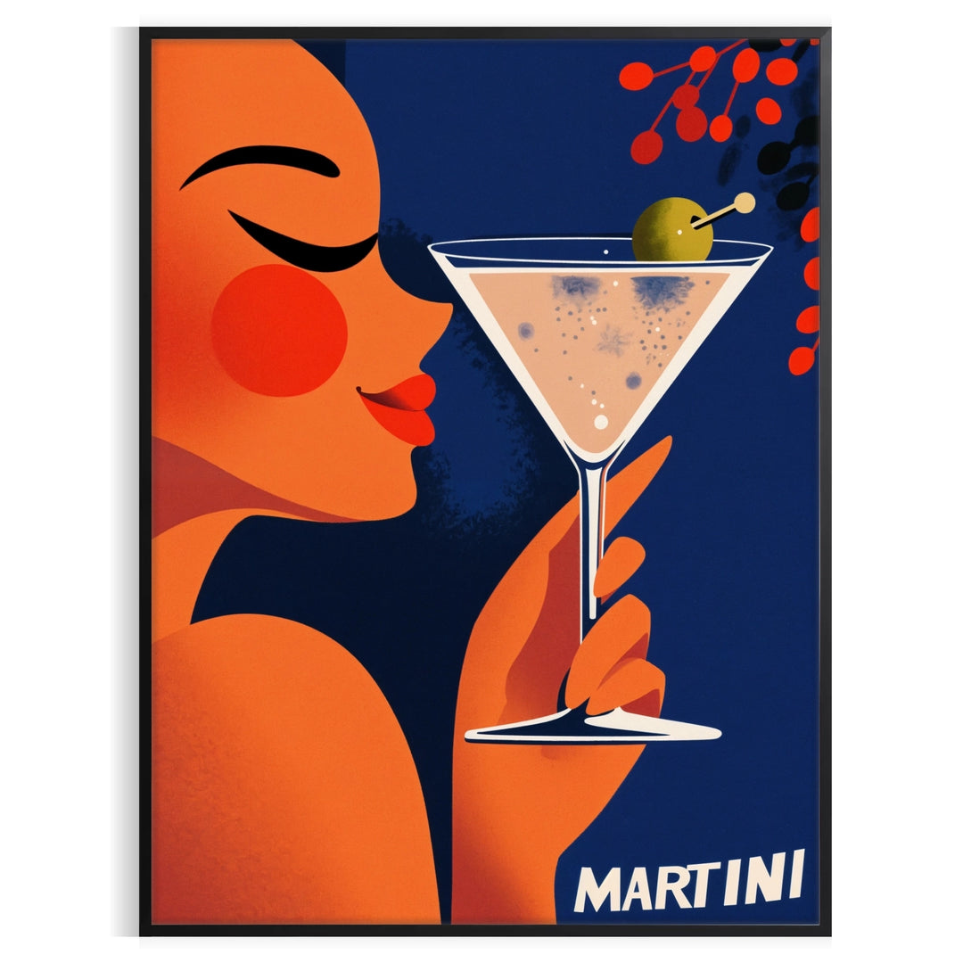 Stylized illustration of a woman holding a martini in orange and green tones