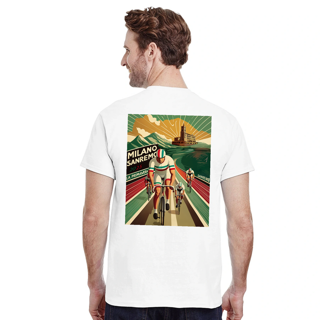 T-shirt featuring a graphic of the Milano–Sanremo cycling race