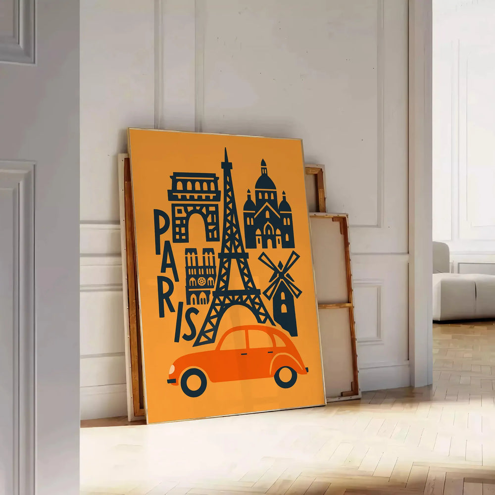 Illustration of the Paris skyline in warm reds and oranges