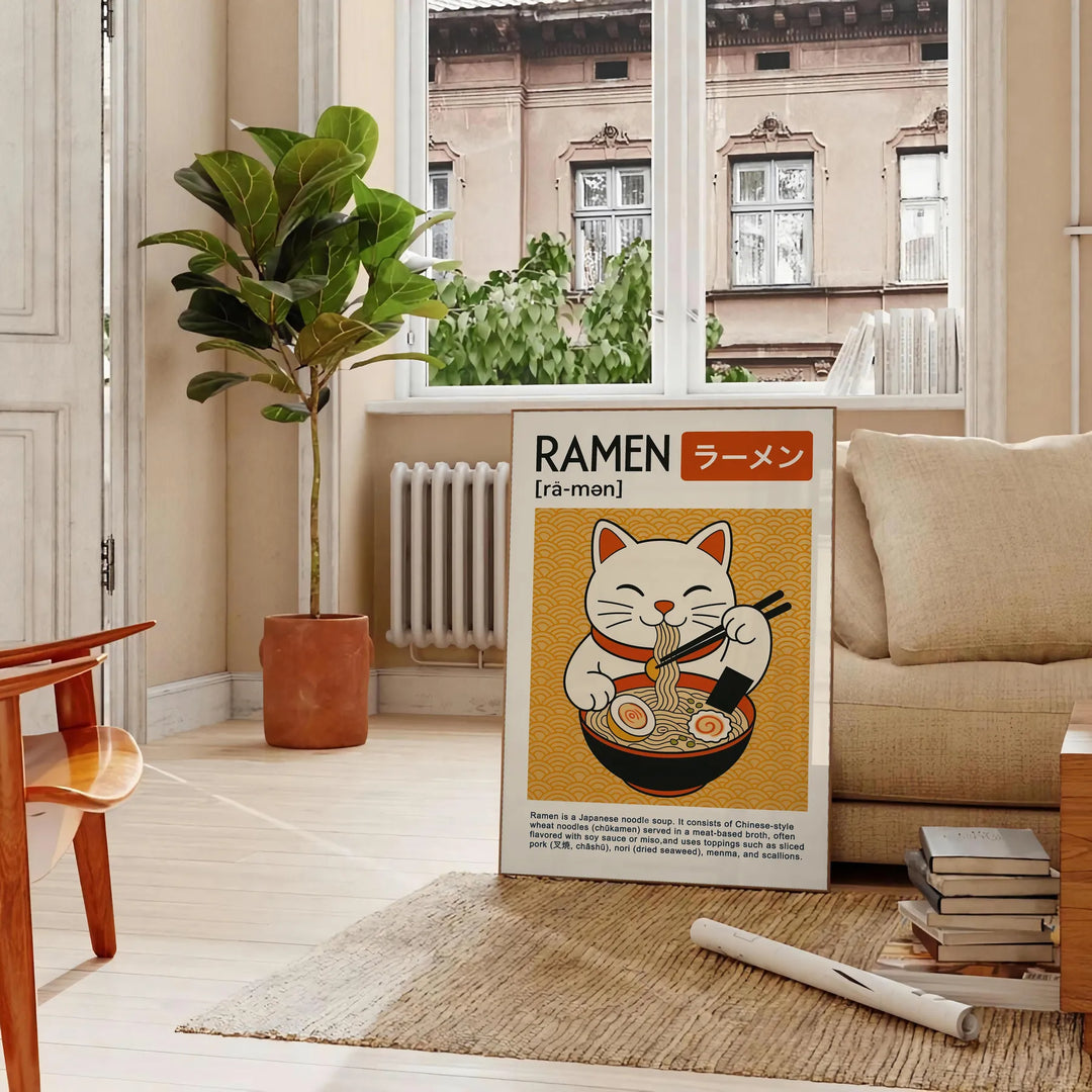A black and red Maneki Neko surrounded by ramen elements in a graphic style