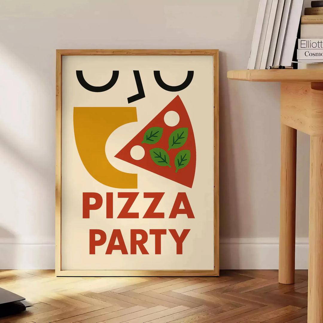 Kitchen pizza party poster, playful illustration with green and red accents