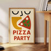 Kitchen pizza party poster, playful illustration with green and red accents