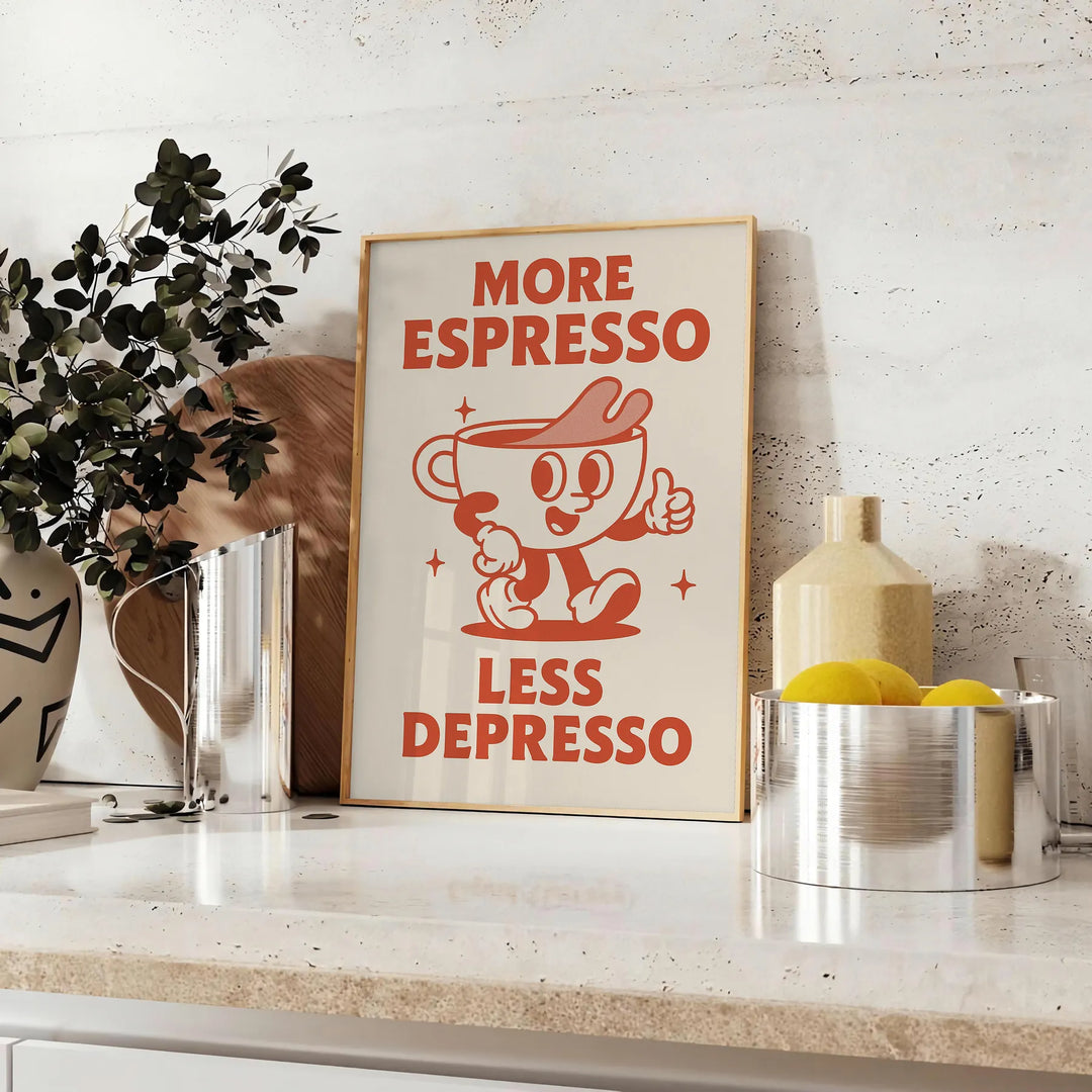 Gray and orange poster featuring modern typography with a coffee theme