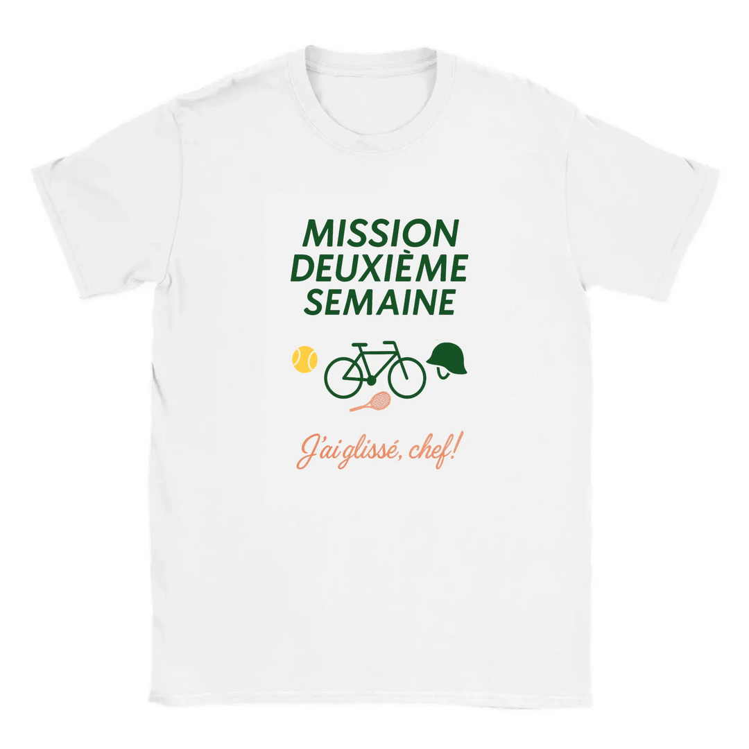 T-shirt featuring a graphic design related to tennis and the phrase 'Mission 2Eme Semaine'