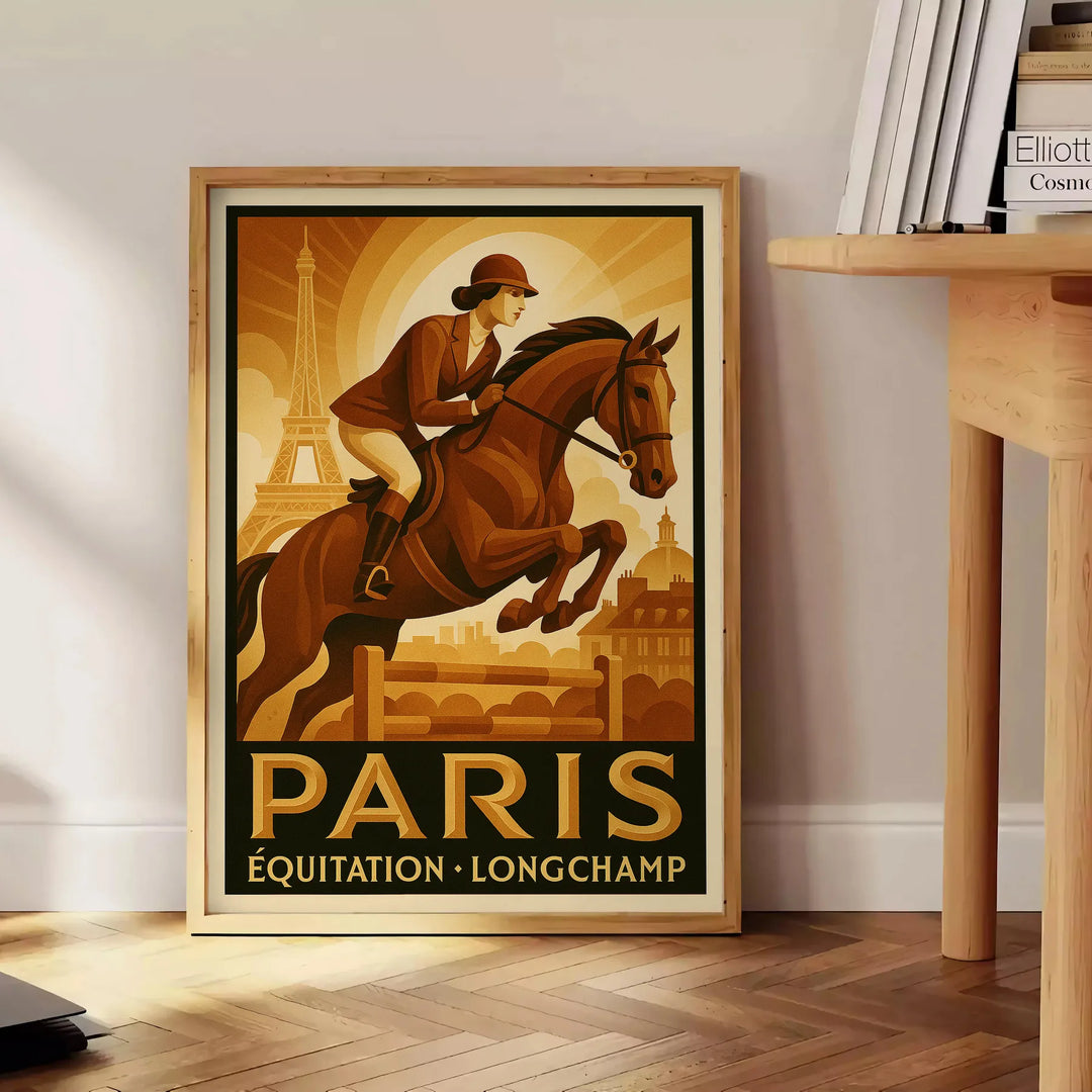 Silueta minimalista de un caballo sobre fondo negro y marrón, tema París