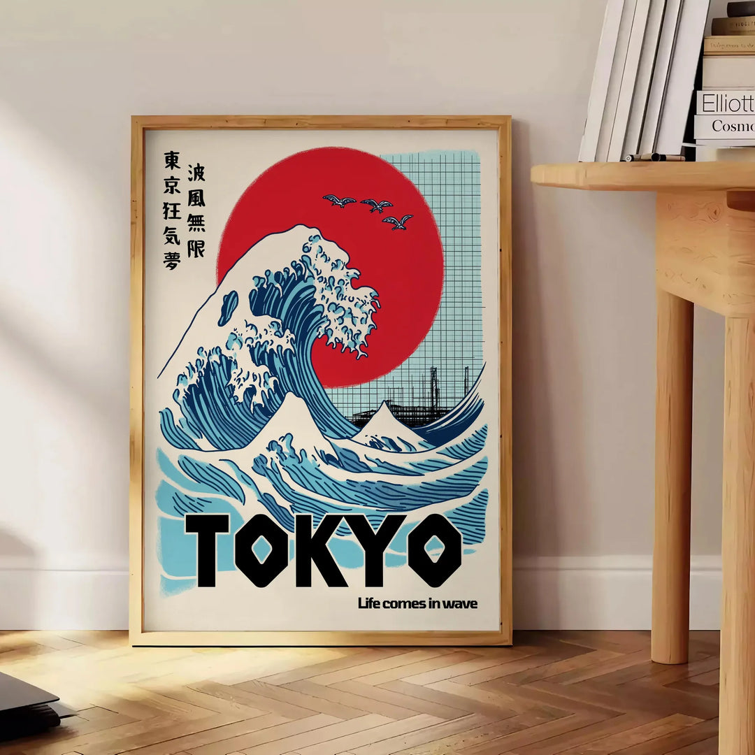 Tokyo Poster, moderne Neon-Skyline in kräftigen Blau- und Rottönen