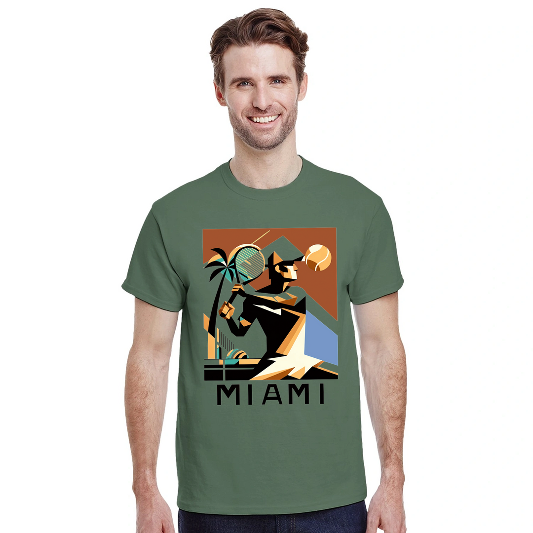 T-shirt featuring a tennis player in action against a Miami skyline