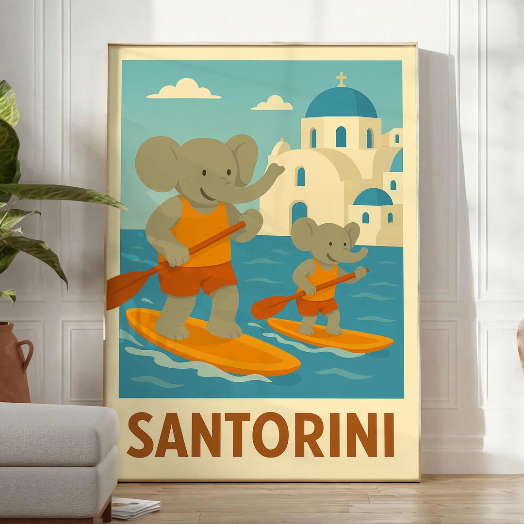 Whimsical illustration of a blue elephant paddling in Santorini